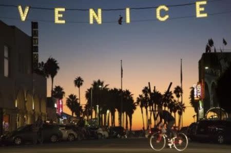 A man rides a bicycle under the Venice sign on Windward Avenue in Venice, California November 7, 2014. REUTERS/Jonathan Alcorn
