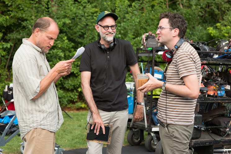 (From L-R): Woody Harrelson, Director Craig Johnson and Writer Daniel Clowes on the set of WILSON. (Photo : Wilson Webb/Twentieth Century Fox)