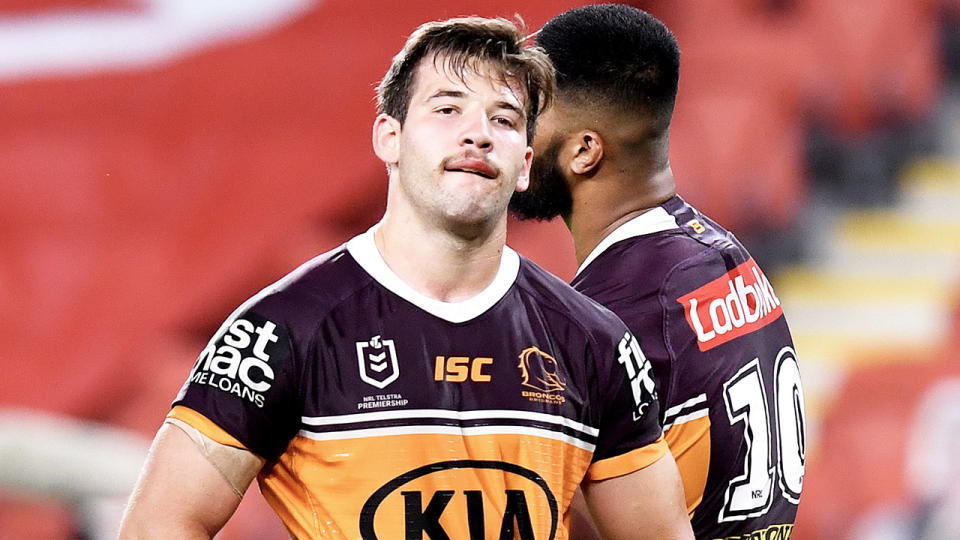 Patrick Carrigan looks dejected after a Roosters try. (Photo by Bradley Kanaris/Getty Images)