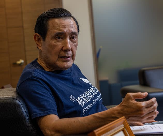 Former Taiwan President Ma Ying-jeou, interviewed on Nov. 23 in Taipei, said he wears this T-shirt, with the logo 