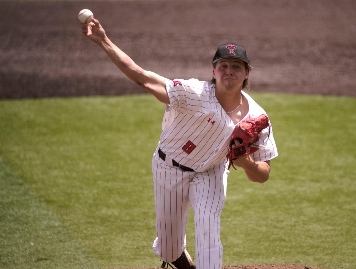 Texas Tech's Hudson Parker (8) pitches against New Mexico in a non-conference baseball game, Tuesday, April 23, 2024, at Rip Griffin Park.