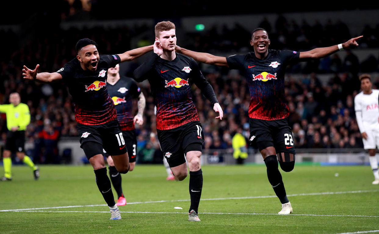 Timo Werner (center) scored the decisive goal in RB Leipzig's Champions League win over Tottenham. (Photo by Adam Davy/EMPICS/PA Images via Getty Images)