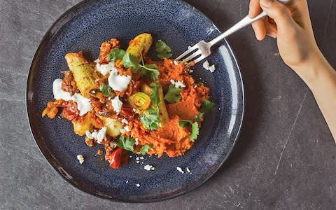 Sweet-potato mash with chipotle roasted leeks - Credit: Haarala Hamilton