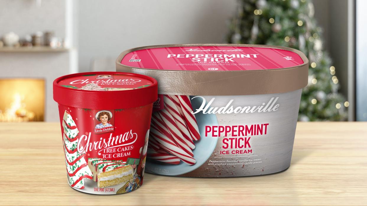 Hudsonville Ice Cream is debuting a new holiday flavor on November 1, 2021: Little Debbie Christmas Tree Cakes. They are also bringing back their seasonal Peppermint Stick ice cream.