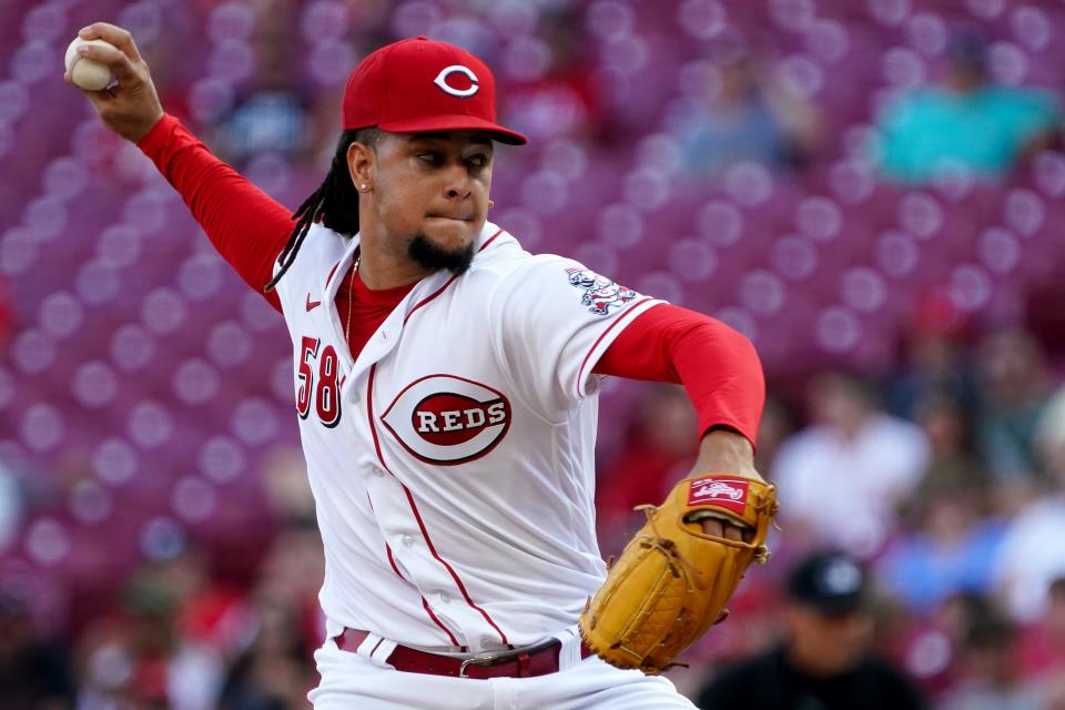 Cincinnati Reds starting pitcher Luis Castillo (58) delivers during the second inning of a baseball game against the Miami Marlins, Wednesday, July 27, 2022, at Great American Ball Park in Cincinnati. 