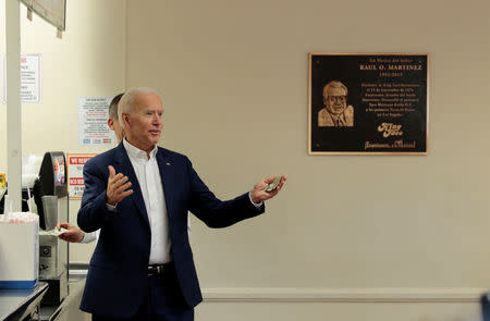 U.S. Democratic presidential candidate Joe Biden joins Los Angeles Mayor Eric Garcetti on a campaign stop in Los Angeles, California, U.S., May 8, 2019. REUTERS/Kyle Grillot