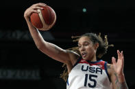 FILE - United States' Brittney Griner (15) grabs a rebound against Serbia during a women's basketball semifinal game at the 2020 Summer Olympics, Friday, Aug. 6, 2021, in Saitama, Japan. Griner had for years been known to fans of women's basketball, college player of the year, a two-time Olympic gold medalist and WNBA all-star who dominated her sport. (AP Photo/Eric Gay, File)