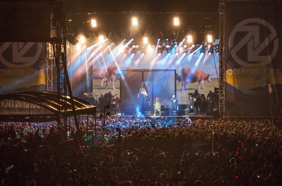 Andre 3000 and Big Boi of Outkast perform before a large crowd at Counterpoint 2014, early Monday, April 28, 2014, in Rome, Ga. (AP Photo/Branden Camp)