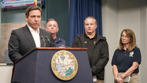 PHOTO: Florida Governor Ron DeSantis gives a briefing on Hurricane Ian updates, Sept. 29, 2022, in Tallahassee, Fla. (Robert Kaufmann/FEMA)