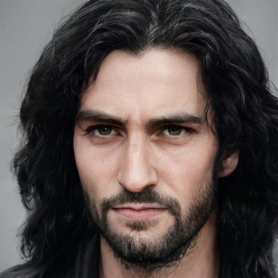 hook with long hair and a beard