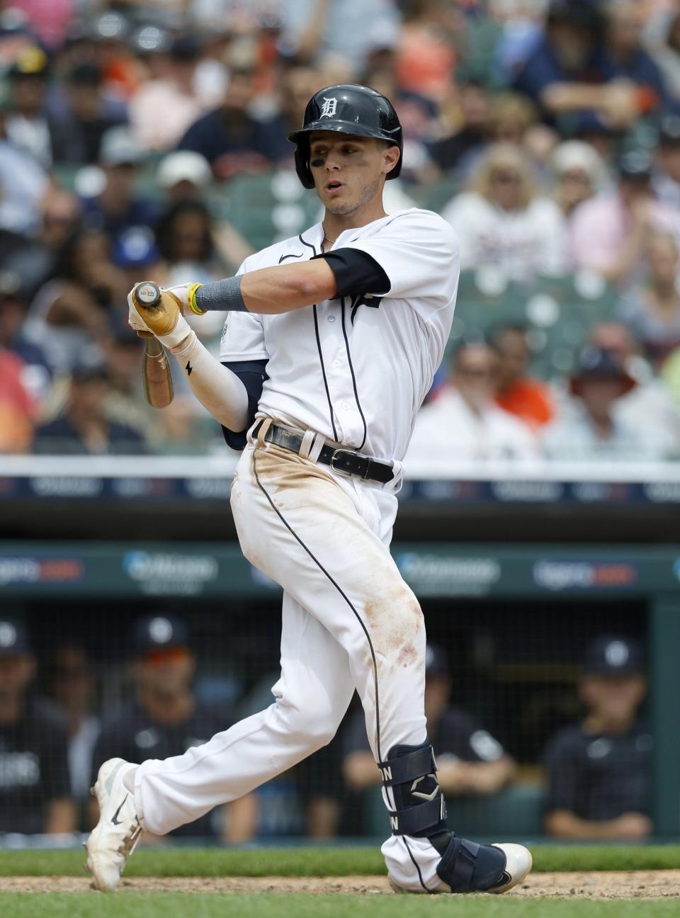 Nick Maton #9 of the Detroit Tigers strikes out in the ninth inning against the Minnesota Twins at Comerica Park on June 25, 2023 in Detroit, Michigan.