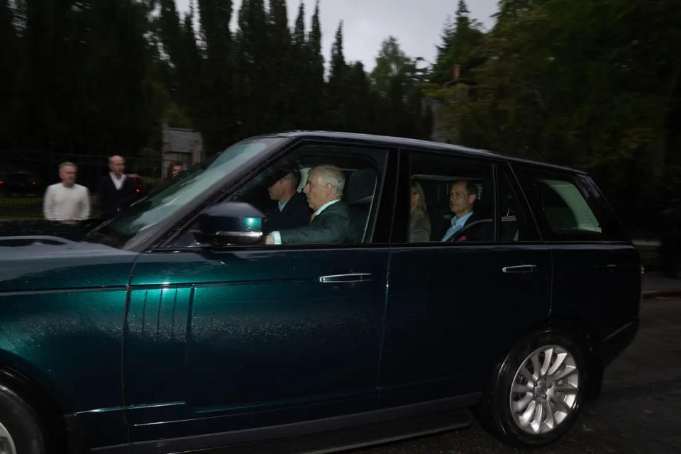 The Duke of Cambridge drives a car carrying the Duke of York, and the Earl and Countess of Wessex into Balmoral in Scotland. (PA)