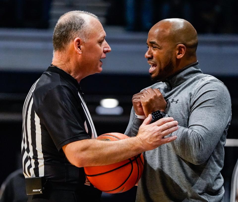 Seton Hall Head Coach Shaheen Holloway reacts to a call be refs during a game between the Butler Bulldogs and the Seton Hall Pirates and the Seton Hall Pirates on Saturday, Jan. 13, 2024, at Hinkle Fieldhouse in Indianapolis.