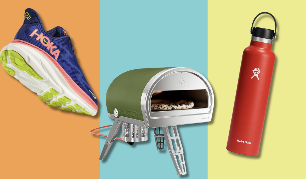 A pair of blue Hoka sneakers, a green Gozney Roccbox pizza oven, a red HydroFlask — all on a tri-colored background.