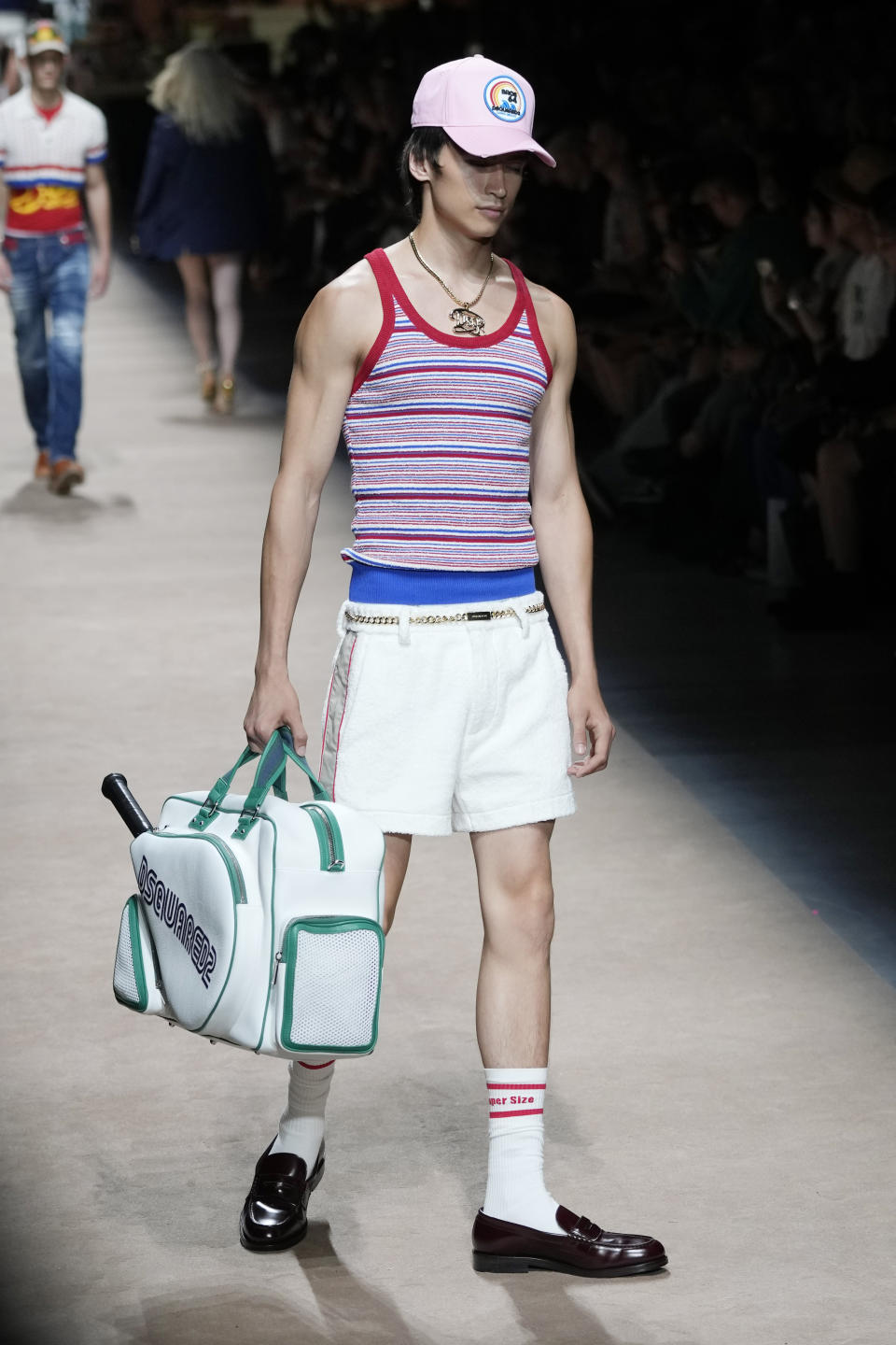 A model wears a creation as part of the Dsquared2 men's Spring Summer 2024 collection presented in Milan, Italy, Friday, June 16, 2023. (AP Photo/Luca Bruno)