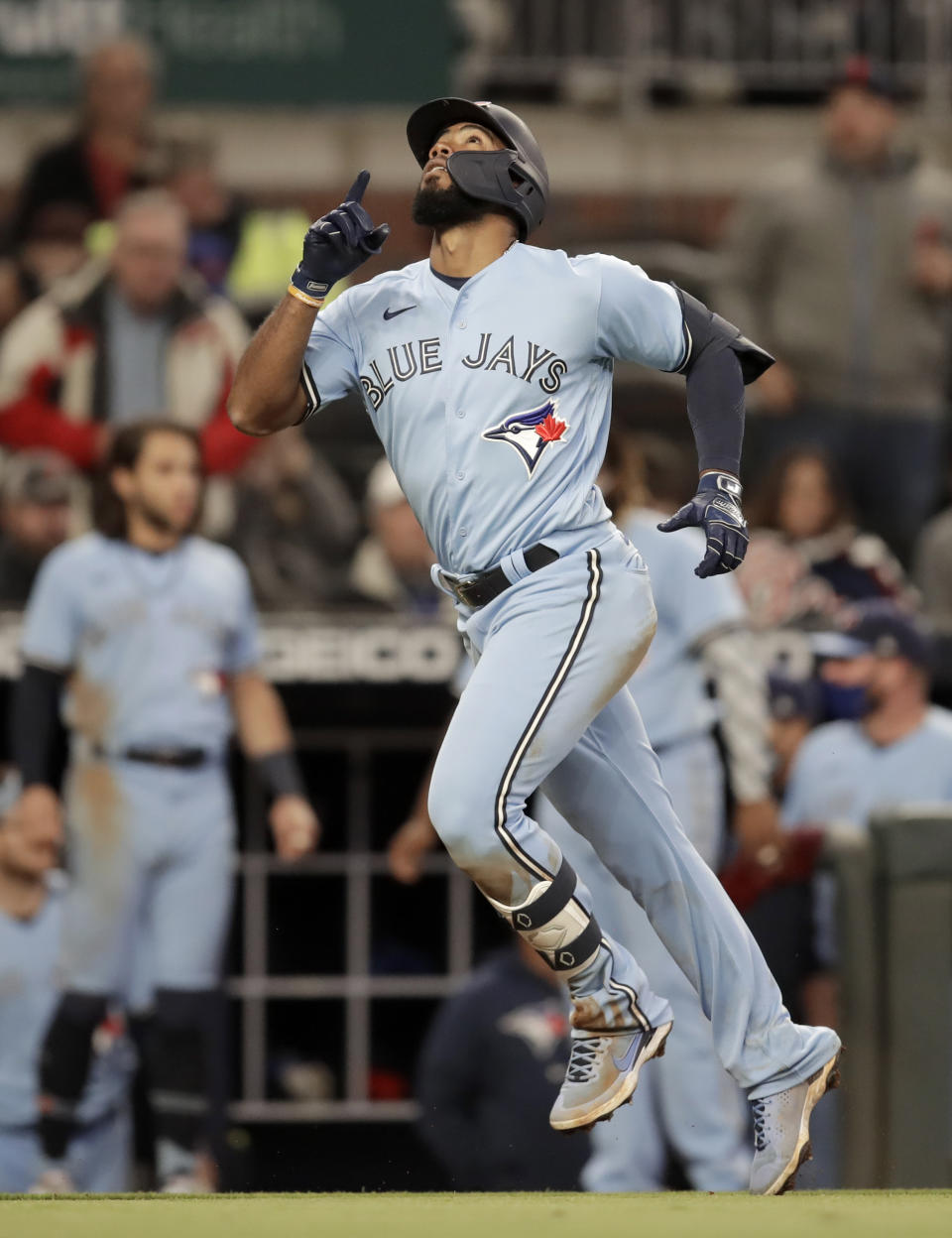 Toronto Blue Jays' Teoscar Hernandez celebrates after hitting a home run against the Atlanta Braves during the seventh inning of a baseball game Wednesday, May 12, 2021, in Atlanta. (AP Photo/Ben Margot)