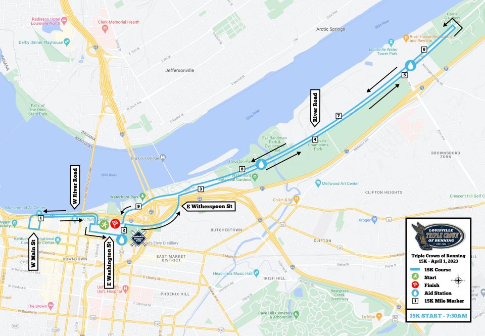 Map of the 2023 Triple Crown of Running 15K scheduled for Saturday.