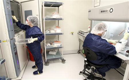 Laura Turner (L) places a cell factory in an incubator while Derek Grice demonstrates how DCVax-L is created in a Northwest Biotherapeutics laboratory in Memphis, Tennessee, February 21, 2014. REUTERS/Mike Brown