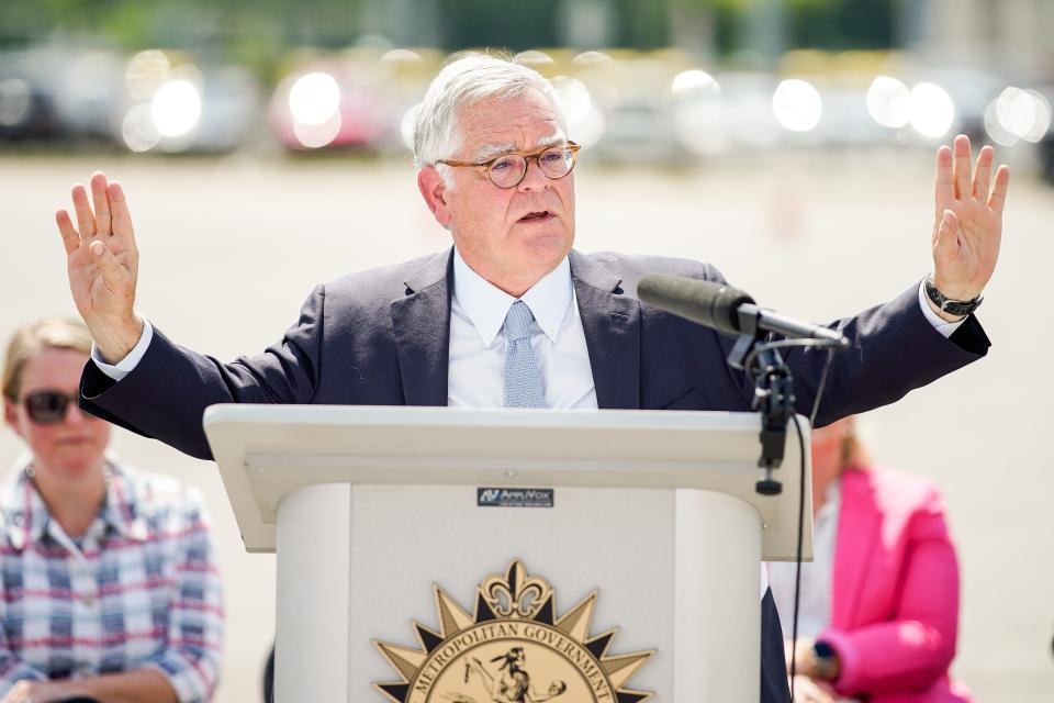 Mayor John Cooper speaks during a press conference about the Imagine East Bank Draft Vision Plan at Sports Authority Parking Lot E in Nashville, Tenn., Monday, Aug. 22, 2022.