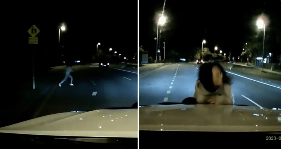 A woman pictured in dashcam jumping in front of a moving car.