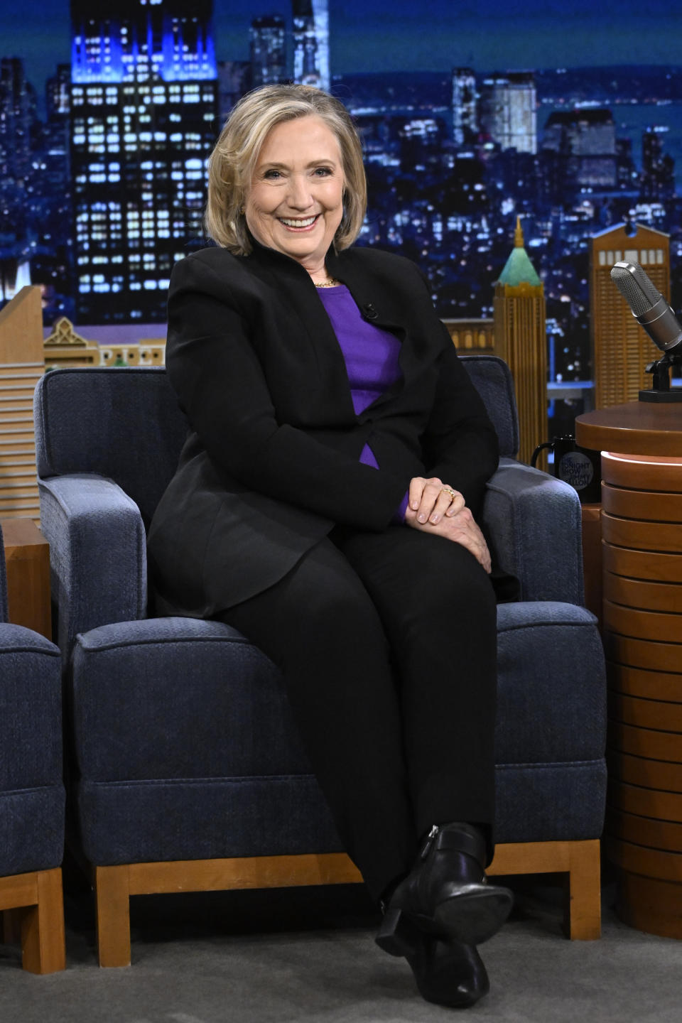 THE TONIGHT SHOW STARRING JIMMY FALLON -- Episode 1952 -- Pictured: Former Secretary of State Hillary Rodham Clinton during an interview on Monday, April 1, 2024 -- (Photo by: Todd Owyoung/NBC via Getty Images)