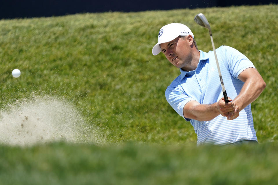 Jordan Spieth plays a shot from a bunker on the 13th hole during a practice round of the U.S. Open Golf Championship, Tuesday, June 15, 2021, at Torrey Pines Golf Course in San Diego. (AP Photo/Marcio Jose Sanchez)