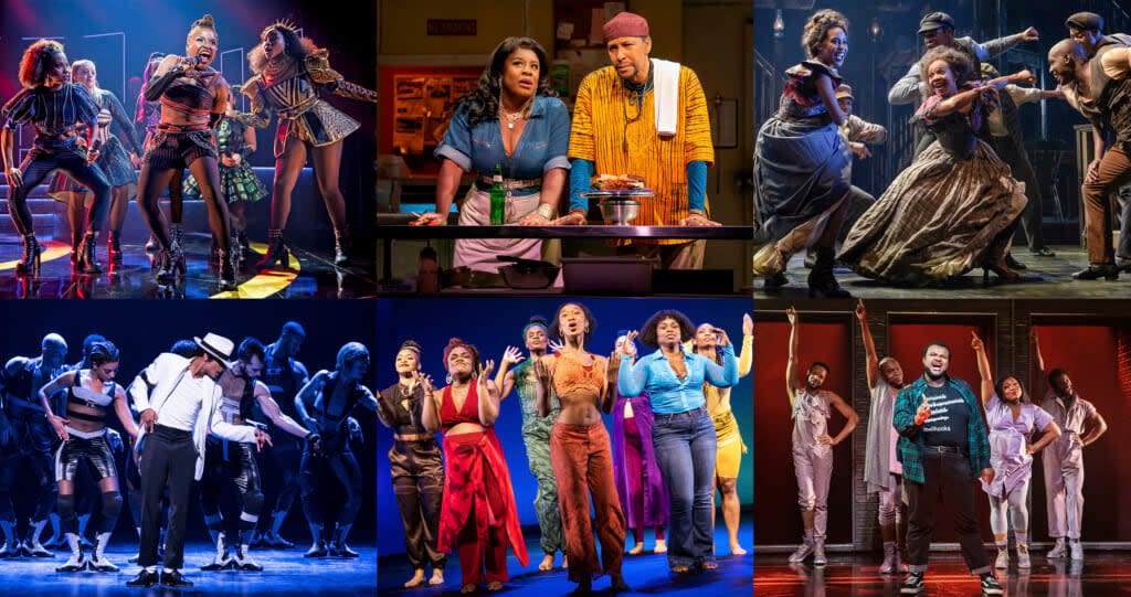 From top row left, the musical “Six,” the Lynn Nottage play “Clyde’s,” and the musical “Paradise Square.” From bottom row from left, “MJ,” the play “”for colored girls who have considered suicide/when the rainbow is enuf,” and “A Strange Loop.” (Boneau/Brian Brown/Polk & Co., The Press Room, O & M Co./DKC, Polk & Co. and Polk & Co. via AP)