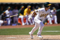 Oakland Athletics' Cal Stevenson runs toward first base on his single during the sixth inning of a baseball game against the Los Angeles Angels in Oakland, Calif., Wednesday, Aug. 10, 2022. (AP Photo/Jeff Chiu)
