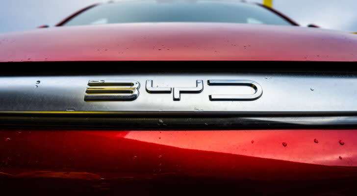 Close-up of BYD (BYDDY) logo on red car, symbolizing BYDDY stock