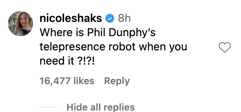 Commenter asks where is phil dunphy's telepresence robot when you need it