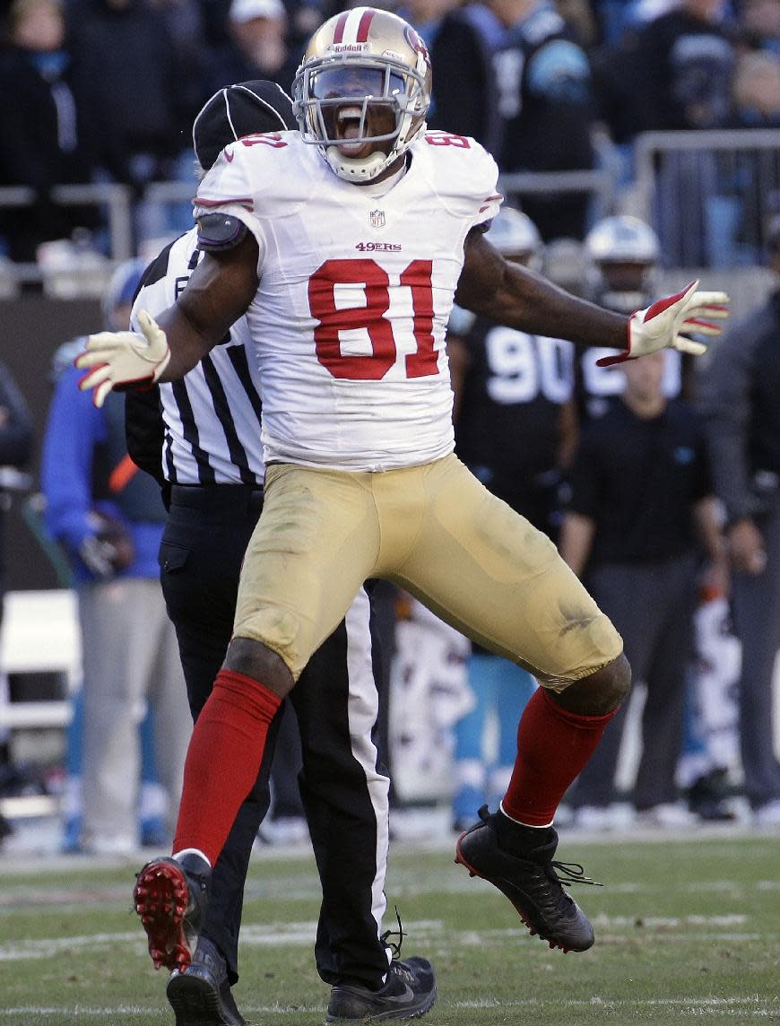 San Francisco 49ers wide receiver Anquan Boldin (81) celebrates a catch against the Carolina Panthers during the second half of a divisional playoff NFL football game, Sunday, Jan. 12, 2014, in Charlotte, N.C. (AP Photo/John Bazemore)