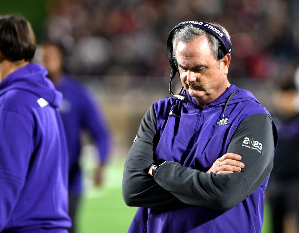 TCU coach Sonny Dykes shows disappointment during a 35-28 road loss to Texas Tech last week. The Horned Frogs will host Texas on Saturday in the last Big 12 game between the long-time rivals.