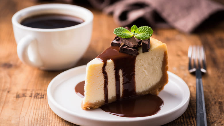 Chocolate syrup on cheesecake