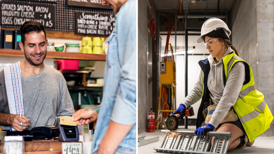 Composite image of a male retail worker and a female electrician on the job after a fall in unemployment..