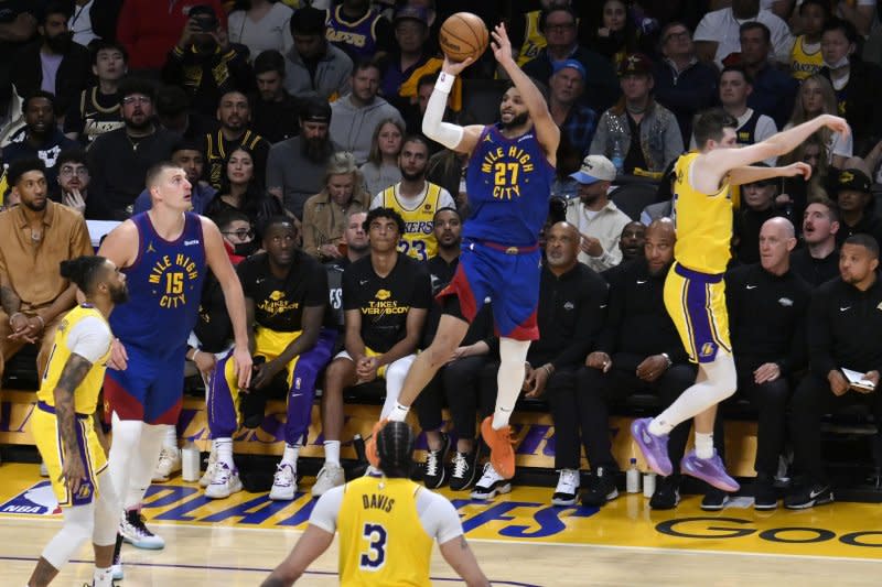 Denver Nuggets guard Jamal Murray (27) played through a calf injury and hit a game-winning shot to beat the Los Angeles Lakers on Monday in Denver. Photo by Jim Ruymen/UPI