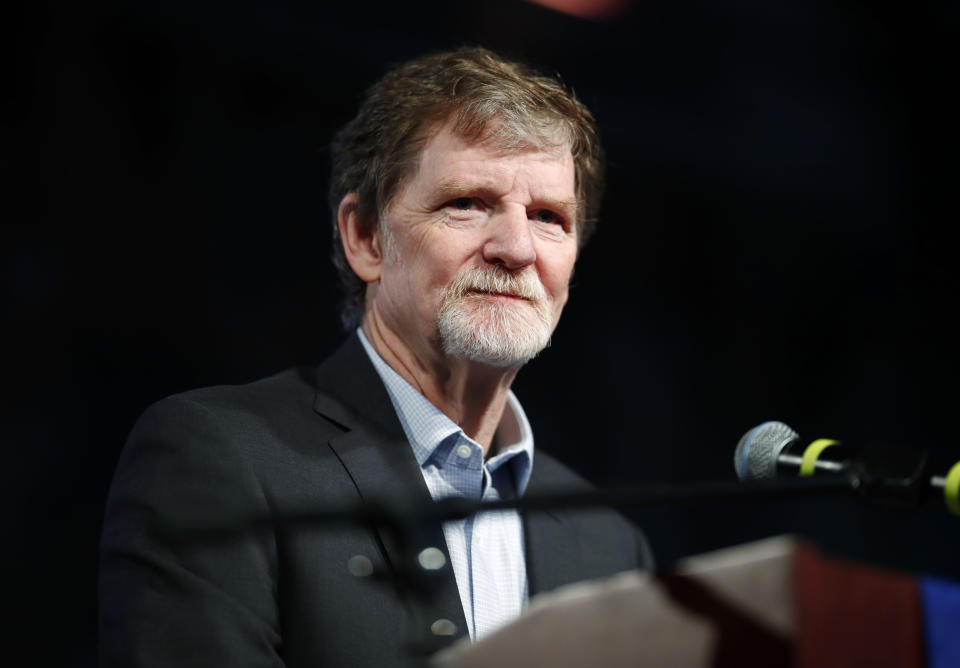 FILE - This Nov. 8, 2017 file photo shows Jack Phillips, owner of Masterpiece Cake, during a rally in Lakewood, Colo. Phillips, the Colorado cake shop owner whose refusal to design a wedding cake for a same sex couple led to landmark Supreme Court ruling, has a book deal. Phillips' memoir, currently untitled, will be released this summer by Salem Books Publishing. (AP Photo/David Zalubowski, File)