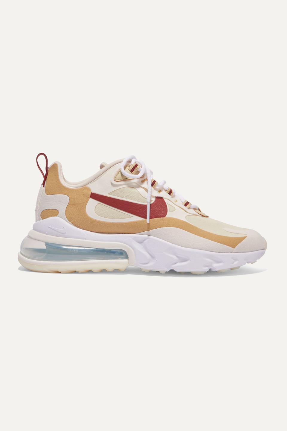 <p><strong>Nike</strong></p><p>net-a-porter.com</p><p><strong>$150.00</strong></p><p><a href="https://go.redirectingat.com?id=74968X1596630&url=https%3A%2F%2Fwww.net-a-porter.com%2Fen-us%2Fshop%2Fproduct%2Fnike%2Fair-max-270-react-neoprene-and-faux-leather-sneakers%2F1187341&sref=https%3A%2F%2Fwww.harpersbazaar.com%2Ffashion%2Ftrends%2Fg32441222%2Fcute-camping-outfit-ideas%2F" rel="nofollow noopener" target="_blank" data-ylk="slk:Shop Now;elm:context_link;itc:0;sec:content-canvas" class="link ">Shop Now</a></p><p>Don't worry, you can always clean your kicks and make them look brand new again after your trip.</p>