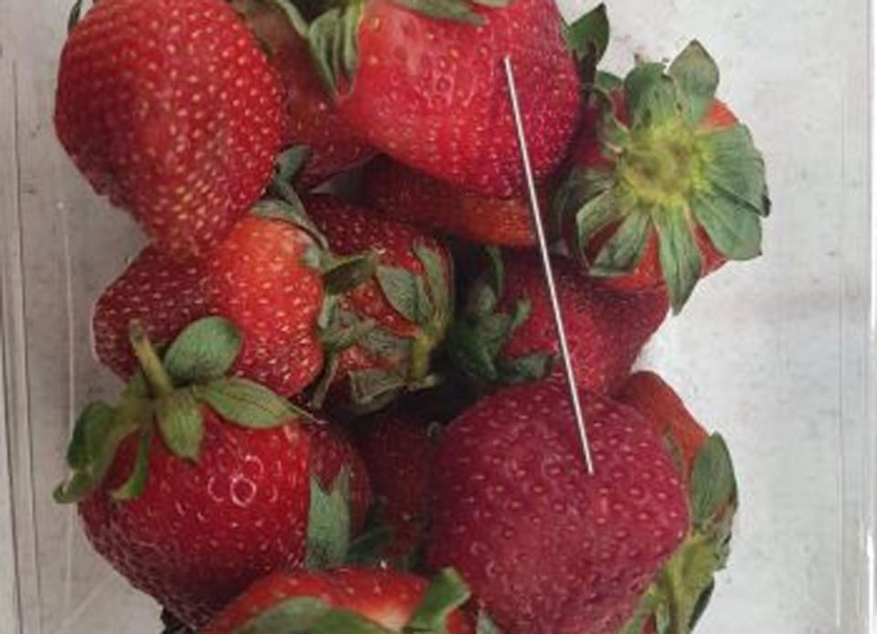 Queensland strawberry recall: Queensland Police say a copycat may have sabotaged this punnet of strawberries purchased in Gatton. Source: Queensland Police