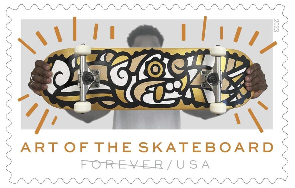 This image provided by the U.S. Postal Service shows an "Art of the Skateboard" Forever stamp with a design by Federico "MasPaz" Frum, of Washington, D.C. The agency on Friday, March 24, 2023, is debuting the stamps at a Phoenix skate park. The stamps feature designs from four artists from around the country, including two Indigenous artists. (Courtesy of USPS via AP)