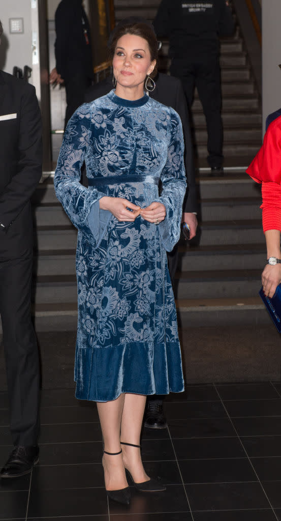 <p>To mark the royal couple’s final evening in Stockholm, the Duchess of Cambridge donned another dress by London-based label, Erdem.<br>The botanical-inspired midi look cost a cool £2,690 and she accessorised the look with even pricier <a rel="nofollow noopener" href="http://robinsonpelham.com/product/oxygen-aspen-earrings/" target="_blank" data-ylk="slk:Robinson Pelham;elm:context_link;itc:0;sec:content-canvas" class="link ">Robinson Pelham</a> earrings (£4,900). To finish the aesthetic, the pregnant royal chose a pair of <a rel="nofollow noopener" href="https://www.yoox.com/item?cod10=11414311IB&tp=144663&utm_source=polyvore_uk&utm_medium=shopping&utm_campaign=polyvore_uk&utm_content=feed&utm_campaign=Pump%20%3E$400_desktop&utm_medium=shopping&utm_source=polyvore#cod10=11414311IB&sizeId=5&sizeName=3&tp=15199" target="_blank" data-ylk="slk:Gianvito Rossi heels;elm:context_link;itc:0;sec:content-canvas" class="link ">Gianvito Rossi heels</a> (£329). <em>[Photo: Getty]</em> </p>