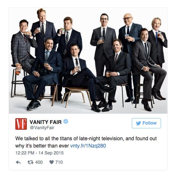 To its credit, the magazine <a href="http://www.huffingtonpost.com/entry/vanity-fair-late-night-is-still-an-all-bros-club_55f6f953e4b077ca094fc1b2"><i>did</i> acknowledge</a> the lack of diversity on its cover -- and also pointed out that programs featuring women like Chelsea Handler and Samantha Bee are in the works. But the spread nonetheless celebrated the male-dominated world that is late night, and highlighted just how far network TV still has to go.&nbsp;