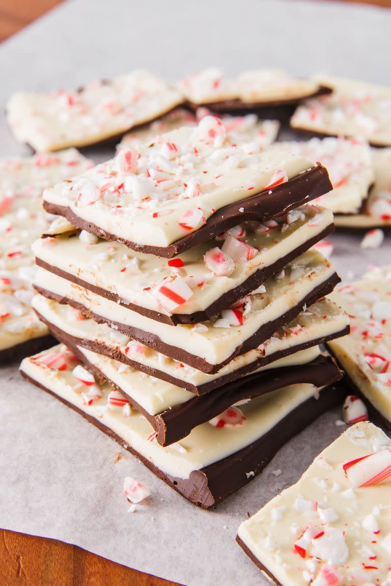 <p>Peppermint bark is a sweet we cannot wait to get our hands on every festive season. Luckily for you, you can make a batch in 10 minutes flat.</p><p>Get the <a href="https://www.delish.com/uk/cooking/recipes/a29685389/homemade-peppermint-bark-recipe/" rel="nofollow noopener" target="_blank" data-ylk="slk:Peppermint Bark;elm:context_link;itc:0;sec:content-canvas" class="link ">Peppermint Bark</a> recipe.</p>