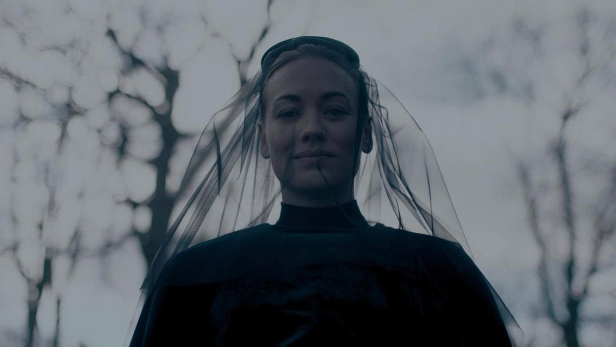 The first look of Season 5 includes Serena Waterford, played by Yvonne Strahovski, in what appears to be mourning attire. (handmaidsonhulu / Instagram)