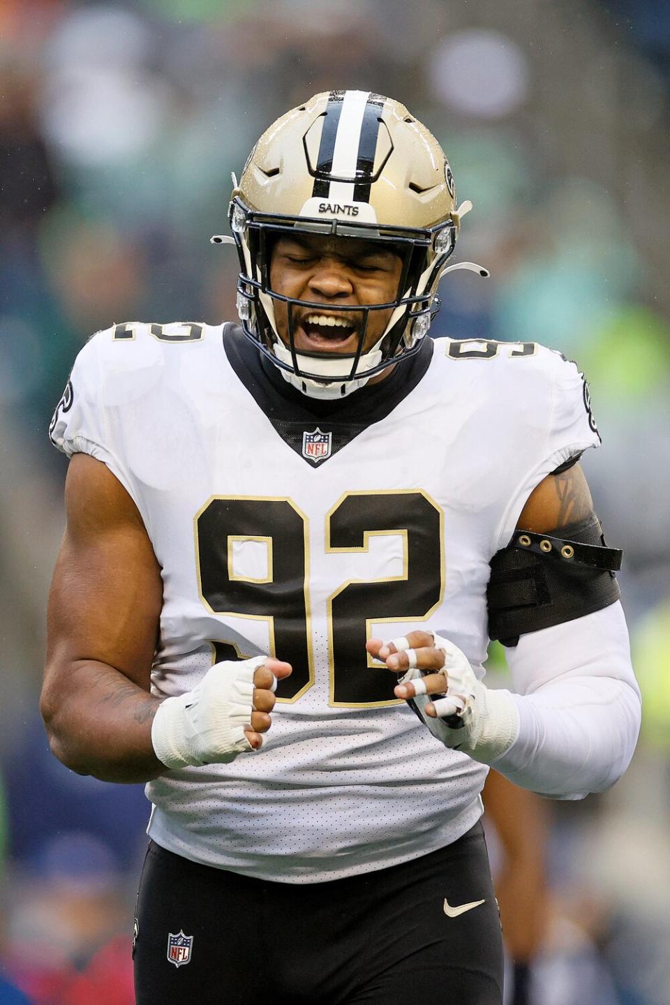 Marcus Davenport #92 of the New Orleans Saints reacts against the Seattle Seahawks during the first quarter at Lumen Field on October 25, 2021 in Seattle, Washington.