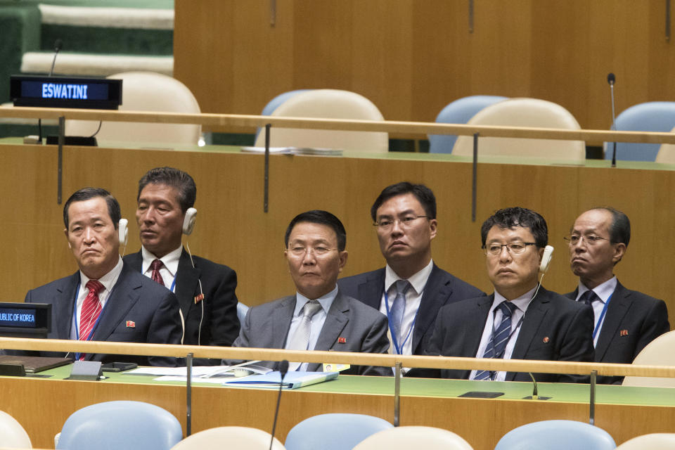 FILE - In this Sept. 29, 2018, file photo, members of the North Korean delegation listen as North Korean Foreign Minister Ri Yong Ho addresses the 73rd session of the United Nations General Assembly at U.N. headquarters. After two years in the spotlight at the U.N. General Assembly, North Korea this year is mostly an afterthought. (AP Photo/Mary Altaffer, File)