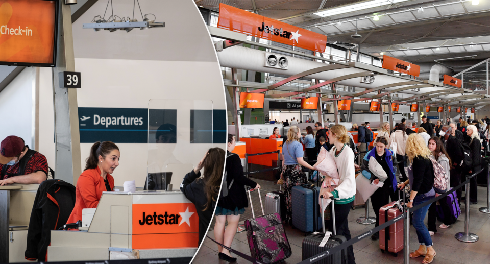 Jetstar passengers pictured checking in.