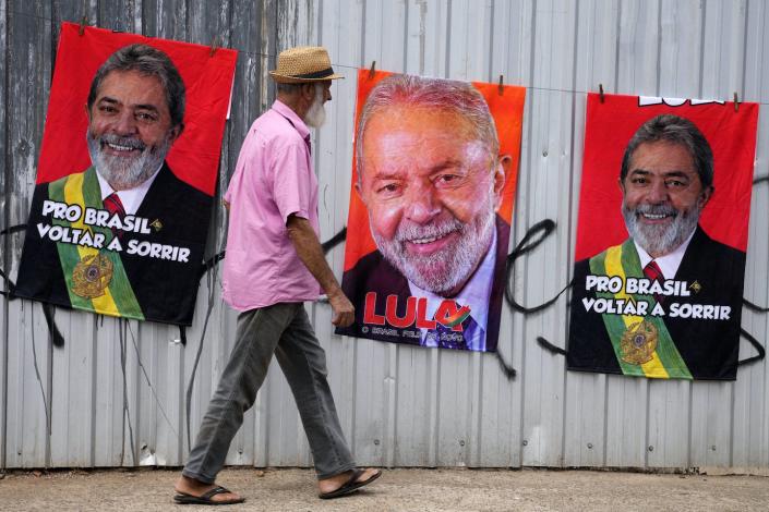 Electoral merchandise with images of former President Lula are displayed on a street in Brasilia, Brazil, Sept. 20, 2022. <a href="https://newsroom.ap.org/detail/BrazilElections/1b36d069b3bf41dcbc134f7a02f9d76d/photo?Query=brazil%20elections&mediaType=photo&sortBy=arrivaldatetime:desc&dateRange=Anytime&totalCount=5204&currentItemNo=14" rel="nofollow noopener" target="_blank" data-ylk="slk:AP Photo/Eraldo Peres;elm:context_link;itc:0" class="link ">AP Photo/Eraldo Peres</a>