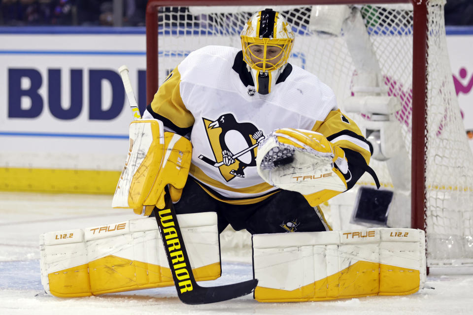 Pittsburgh Penguins goaltender Casey DeSmith makes a save against the New York Rangers during the first period of Game 1 of an NHL hockey Stanley Cup first-round playoff series Tuesday, May 3, 2022, in New York. (AP Photo/Adam Hunger)