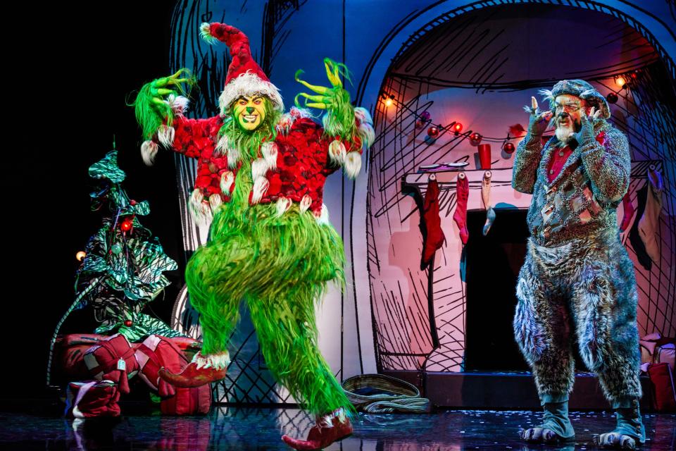 James Schultz, left, as the Grinch and W. Scott Stewart as Old Max in the touring production of “Dr. Seuss’ How the Grinch Stole Christmas.”