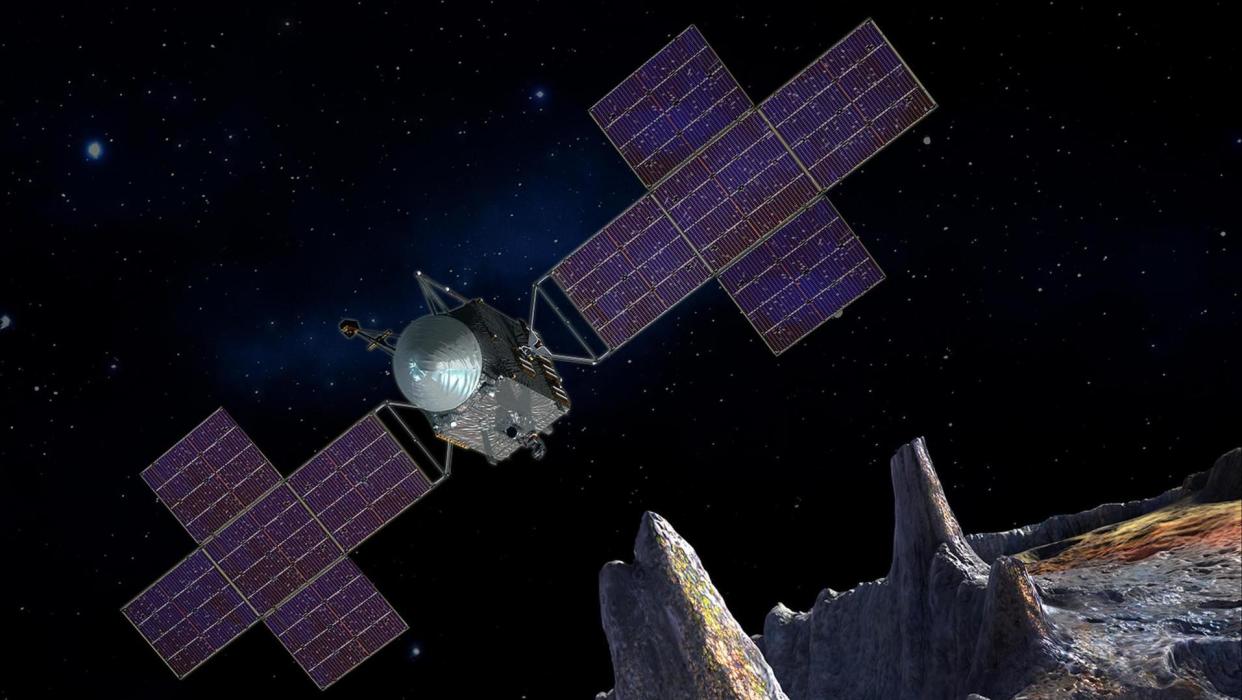 Artist’s concept illustration depicting the Psyche spacecraft near its target.
